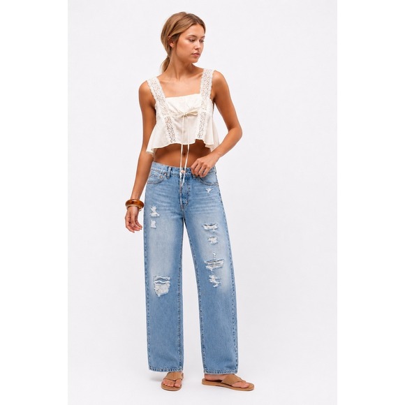 Modern American Denim - Modern American Bancroft High Rise Distressed Mom Jeans Light Wash 27 Straight